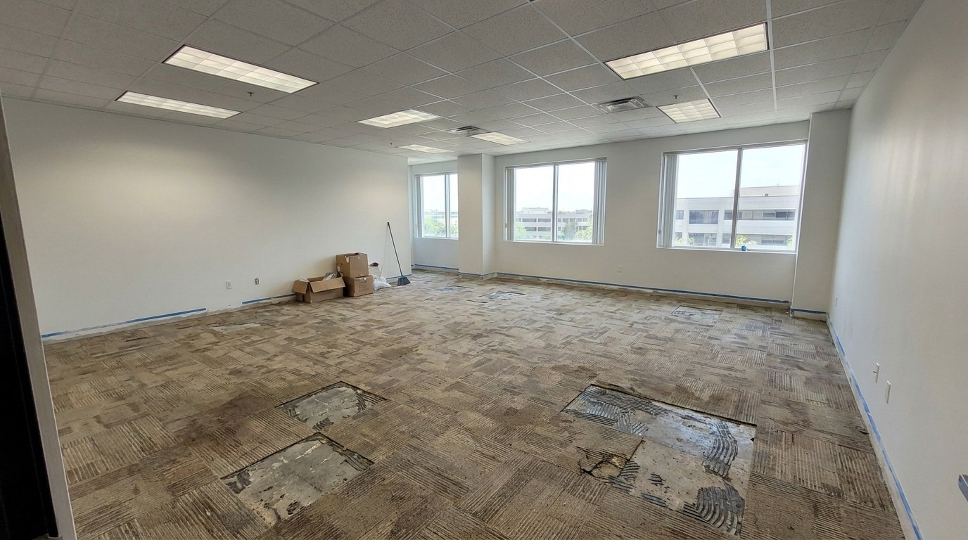 Worn commercial carpet — before